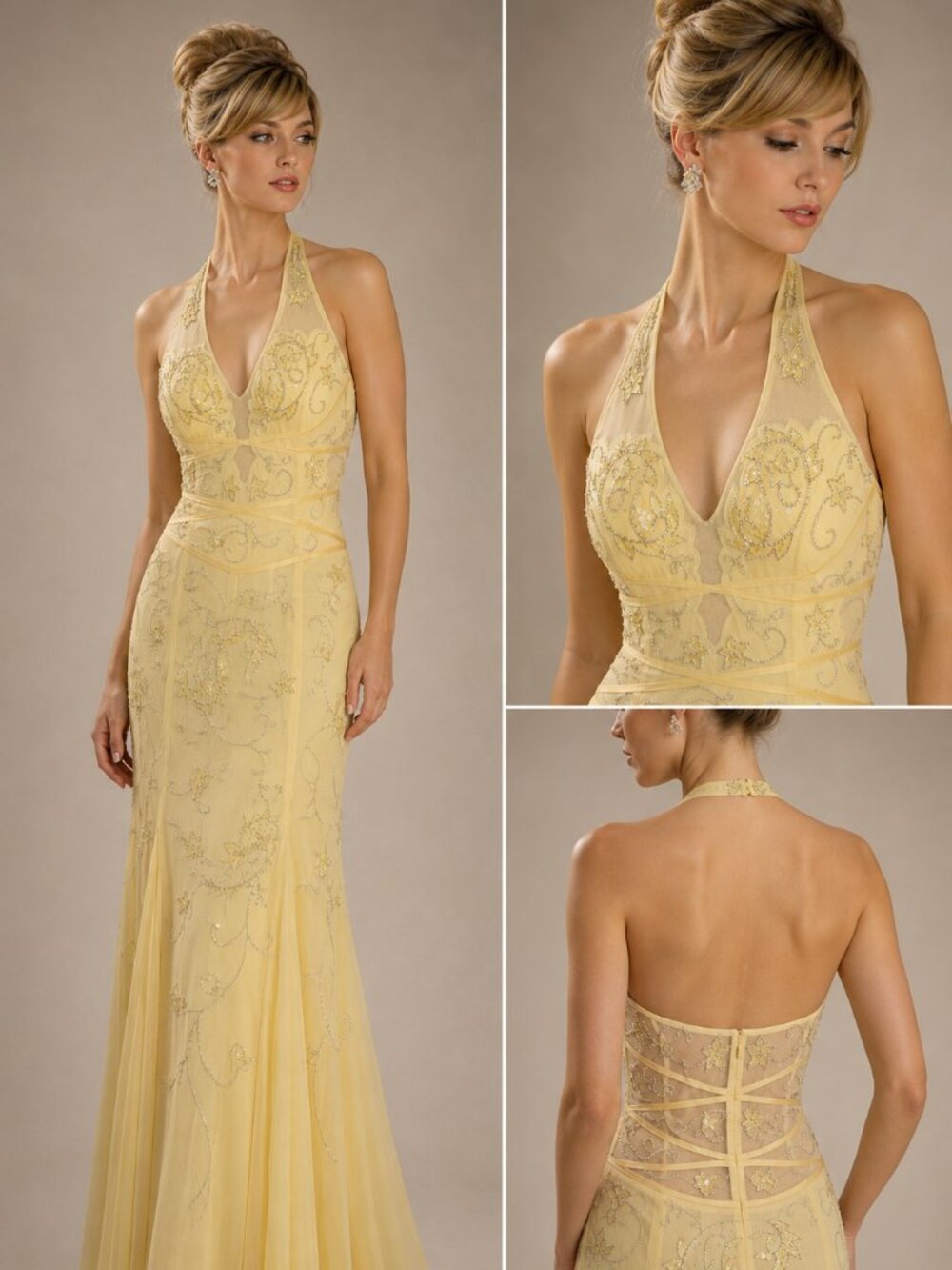 Cache Butter Yellow Beaded Mermaid Halter Dress, size M (6)